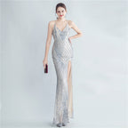 High Density Sequ Binding Waist Shaping Side Slit High End Evening Dress