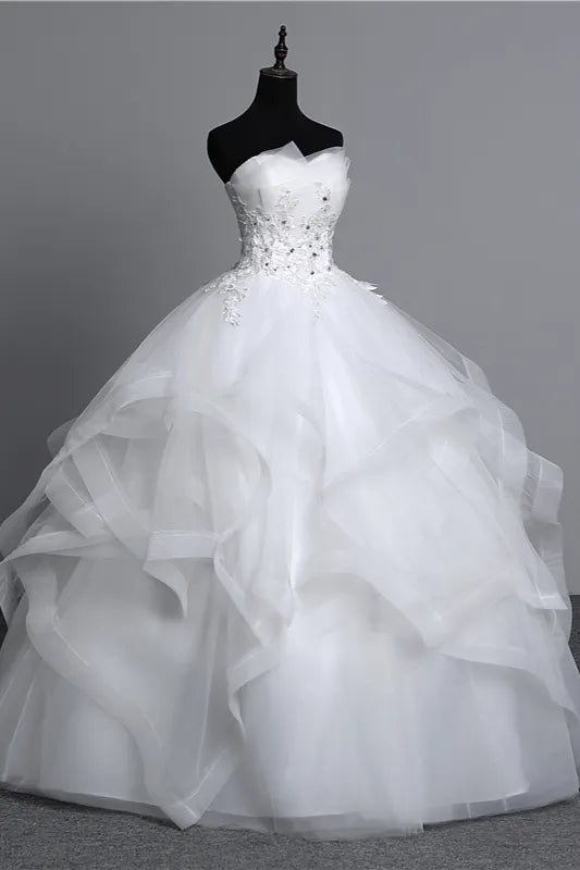 Strapless Tulle Layered Ball Gown Wedding Dress with Appliques and Beading