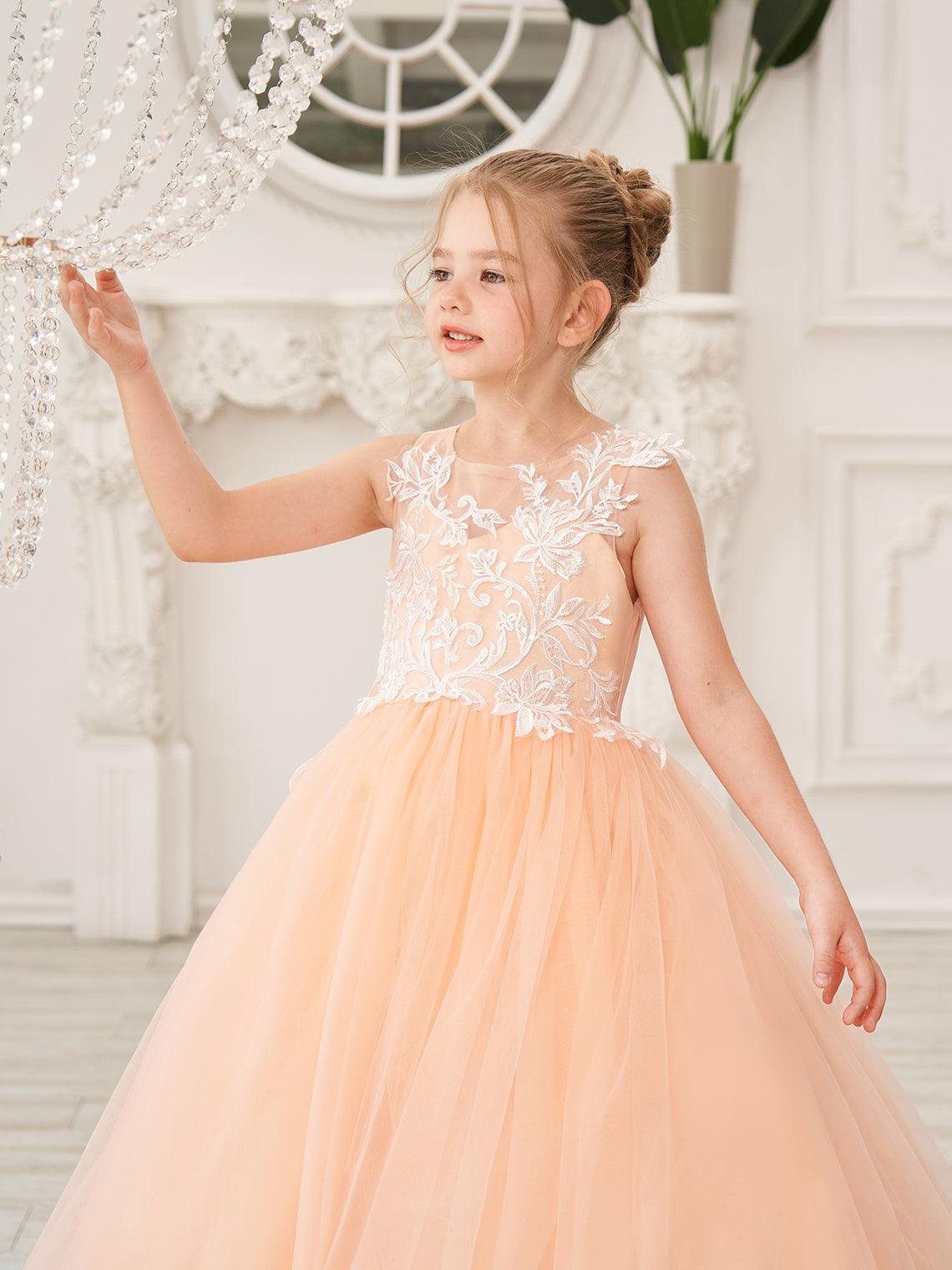 Elegant Sleeveless Tulle Flower Girl Dress With Applique Lace And Sweep Train