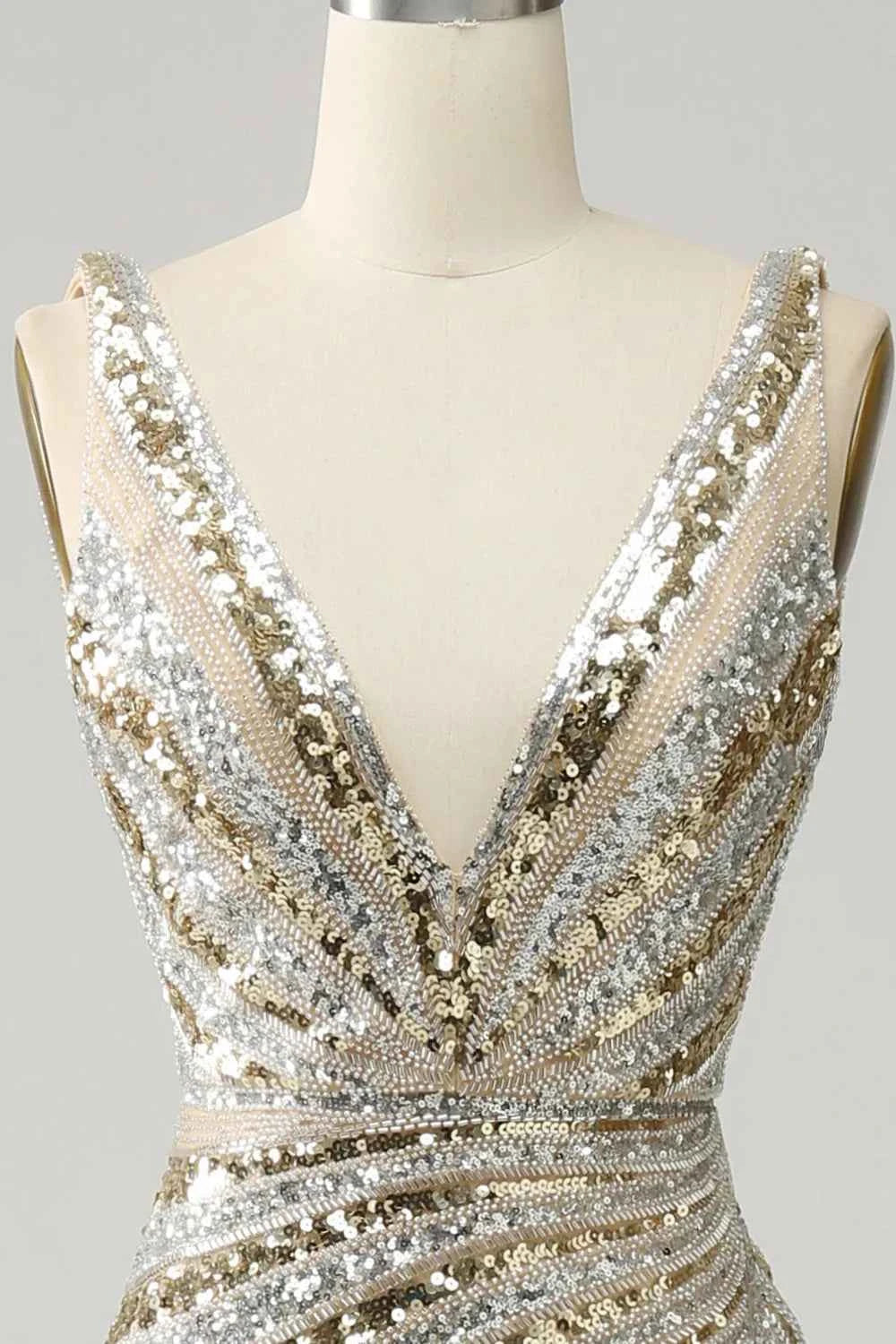Sparkling Gold Sequined Mermaid Long Prom Dress With Deep V Neck