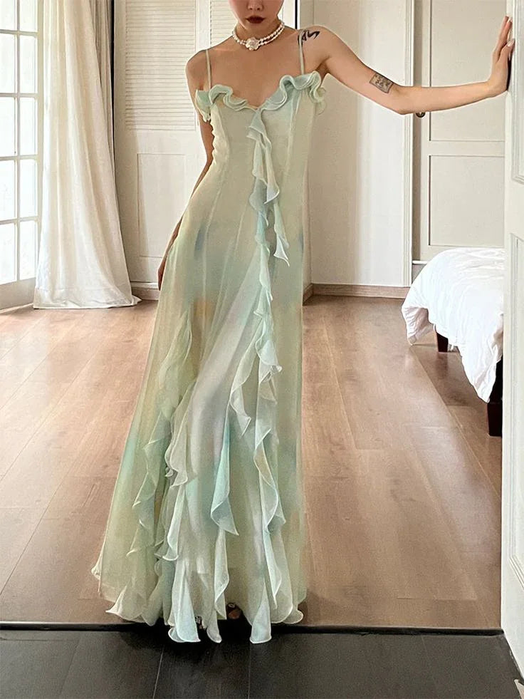 Hermoso vestido de fiesta verde de gasa con volantes en capas y tirantes, vestido de noche Y7897