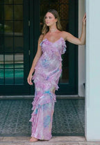 Abito da sera incantevole con spalline sottili romantiche, scollo a V, chiffon stampato, abito da ballo Y2306
