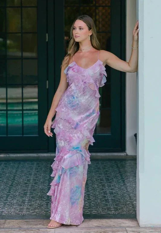 Vestido de Festa Romântico com Alças Finas, Decote em V, Estampado em Chiffon, Vestido de Noite Encantador Y2306