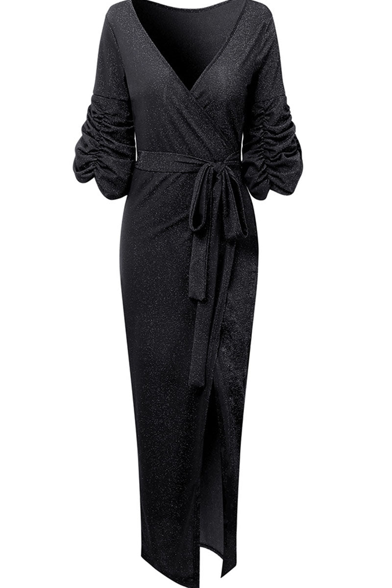 Vestido de noche sexy con cuello en V y parches lisos (3 colores) 