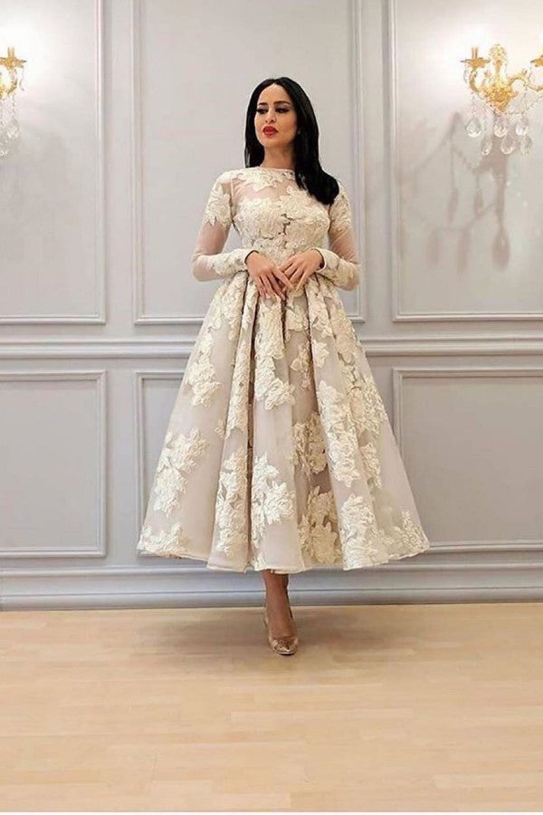 BMbridal Long Sleeve Prom Dress With Appliques Lace Tea Length