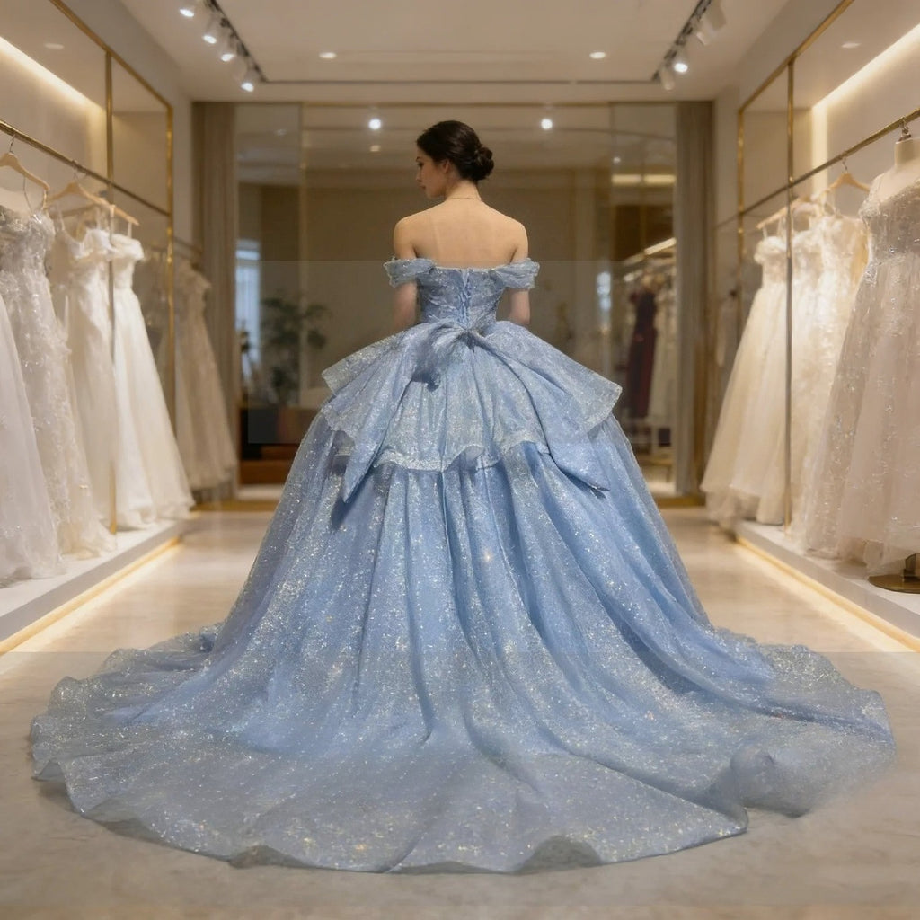 Echtes Bild Himmelblaues Kleid mit Kappenärmeln, Perlen, gestuftem Ballkleid aus Tüll, glänzend, Damen, Abschlussball, Festliche Anlässe, Quinceañera 15, Maßgeschneidert
