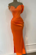 Orange Long Satin Off-The-Shoulder Mermaid Prom Dresses