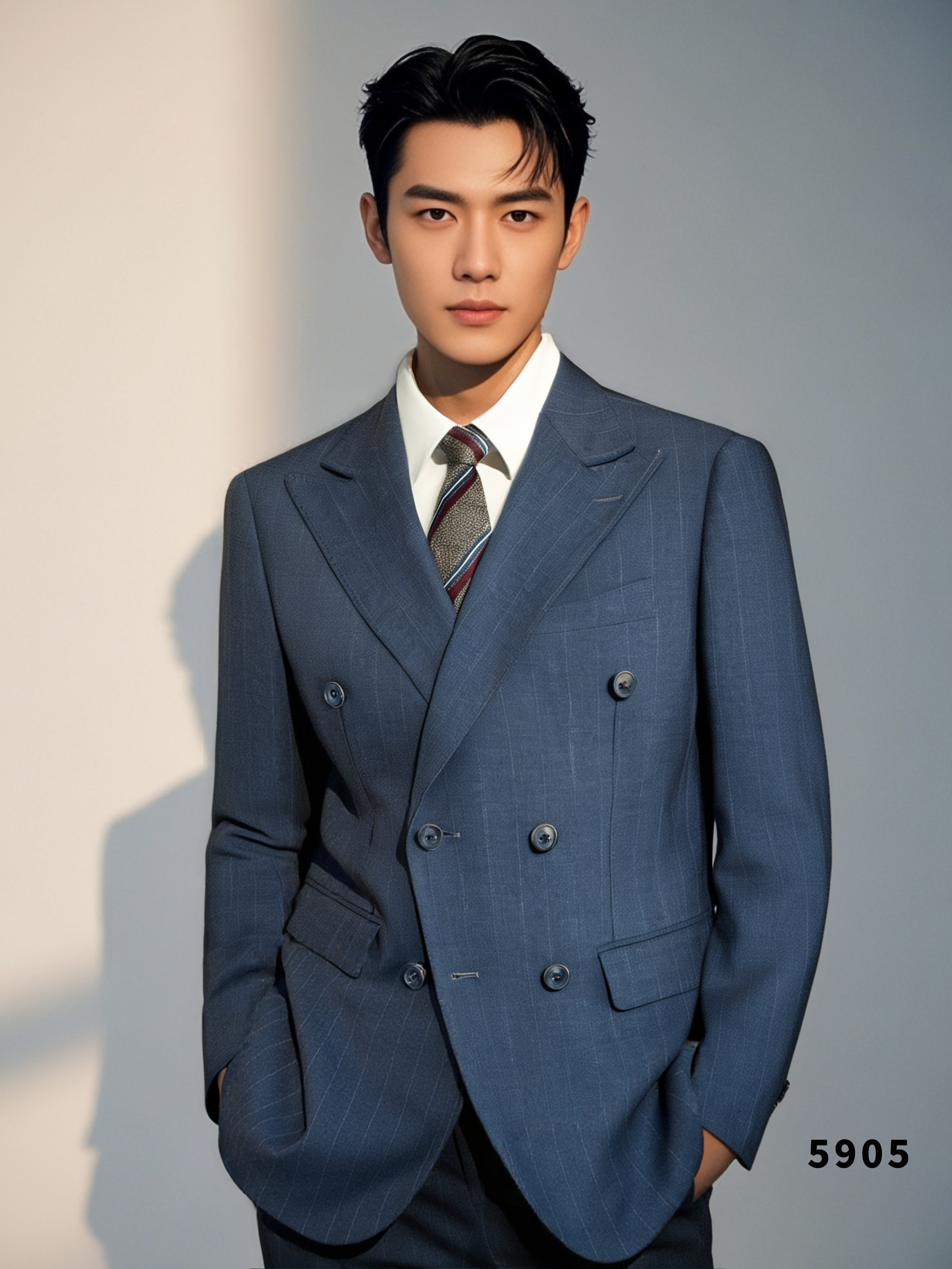 Costume de mariage trois pièces en laine à rayures dorées sur fond charbon, double boutonnage, pour le marié