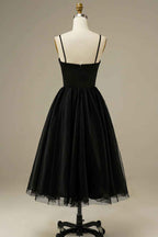 Elegant Black Tulle A Line Spaghetti Strap Midi Prom Dress With Built In Bra And Zipper Back For Evening Formal Parties