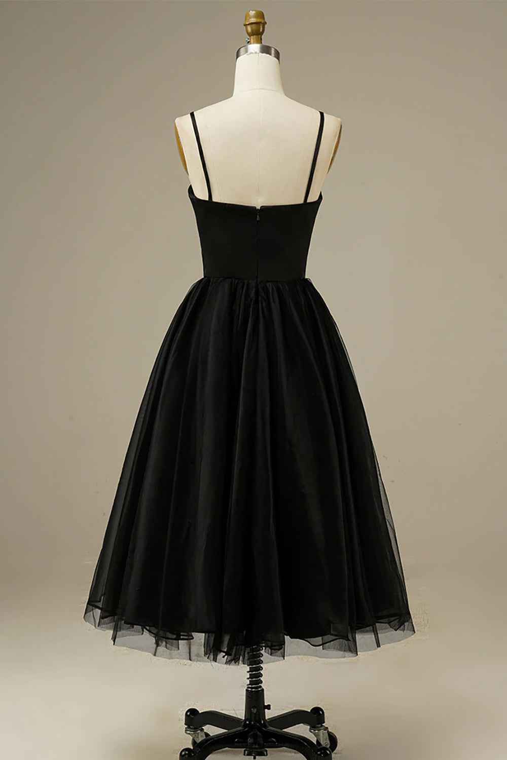 Elegant Black Tulle A Line Spaghetti Strap Midi Prom Dress With Built In Bra And Zipper Back For Evening Formal Parties