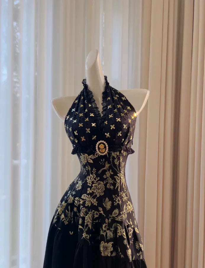 Elegante abito da sera lungo a linea ad A nero con stampa floreale in raso, paillettes e collo all'americana Y8568