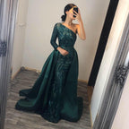 Emerald Green One Shoulder Prom Dress Sequins Mermaid Overskirt