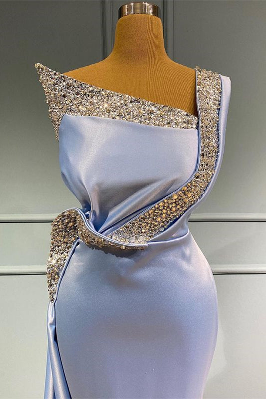 Robe de bal longue sirène en satin, une épaule, sans manches, ornée de perles et de volants