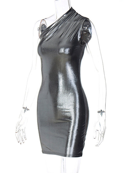 Skinny Asymmetric Shiny Solid Color Split-Joint One-Shoulder Evening Dresses Mini Dresses