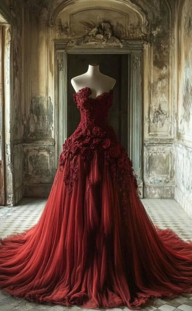 Elegante Abito da Sera Lungo Borgogna con Applicazioni in Tulle e Fiori 3D a Forma di Rosa Abito da Ballo Formale Y8375