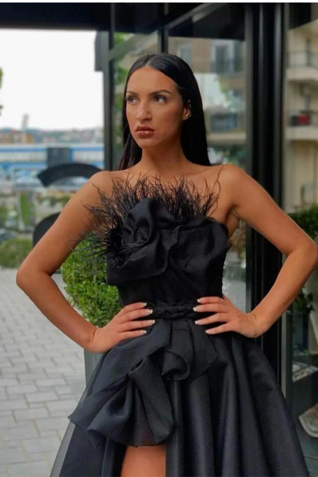 Strapless Black A Line Prom Dress With High Split And Feather Details