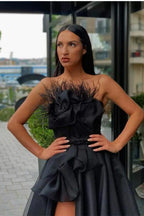 Strapless Black A Line Prom Dress With High Split And Feather Details