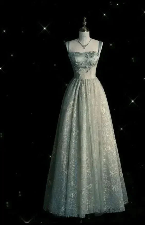 Vestido de Festa Longo em Tule Verde-Sálvia Encantador com Renda, Modelo Linha A, Vestido de Noite Y7544