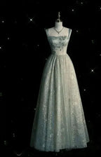 Vestido de Festa Longo em Tule Verde-Sálvia Encantador com Renda, Modelo Linha A, Vestido de Noite Y7544