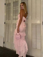 Incantevole abito da sera rosa con balze di chiffon a più strati, spacco, modello sirena, abito da festa Y8006