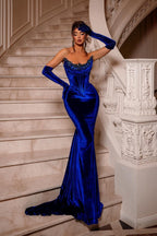 Royal Blue Mermaid Evening Gown Strapless Velvet With Beads