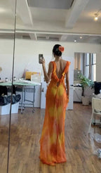 Abito lungo da sera con spacco e balze uniche in chiffon per ballo e festa Y7497