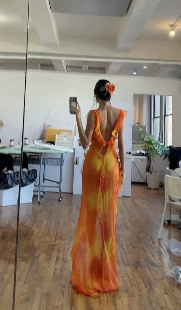 Abito lungo da sera con spacco e balze uniche in chiffon per ballo e festa Y7497