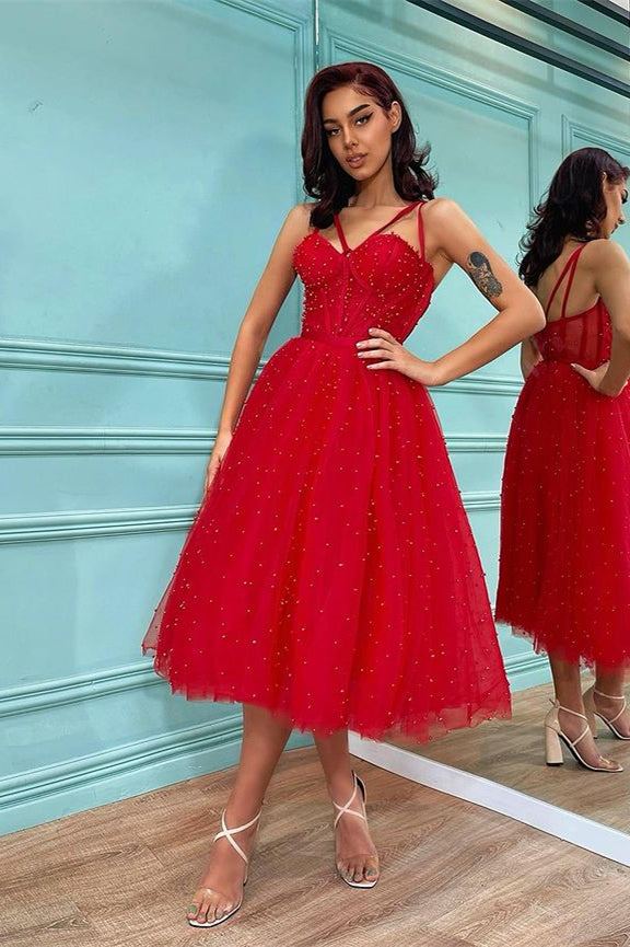 Robe de bal courte rouge en tulle, dos nu, ligne A, décolleté cœur