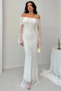 Off The Shoulder Long Sleeve Lace Mermaid Prom Dress Custom Color