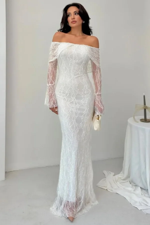 Off The Shoulder Long Sleeve Lace Mermaid Prom Dress Custom Color