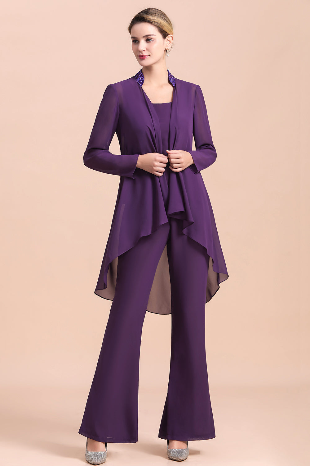 BMbridal Affordable Straps Beading Grape Chiffon Mother of Bride Jumpsuit Online with Wrap