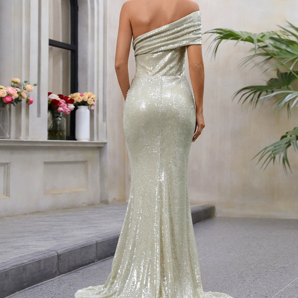 Damen Kleidung Pailletten One-Shoulder-Kleid Taille Abnehmen Schulter Ärmellos Party Cocktail Abendkleid 