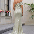 Damen Kleidung Pailletten One-Shoulder-Kleid Taille Abnehmen Schulter Ärmellos Party Cocktail Abendkleid 