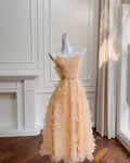 Vestito da festa arancione chic con spalline sottili, gonna a ruota in tulle, linea ad A, midi, da sera e ballo Y8573