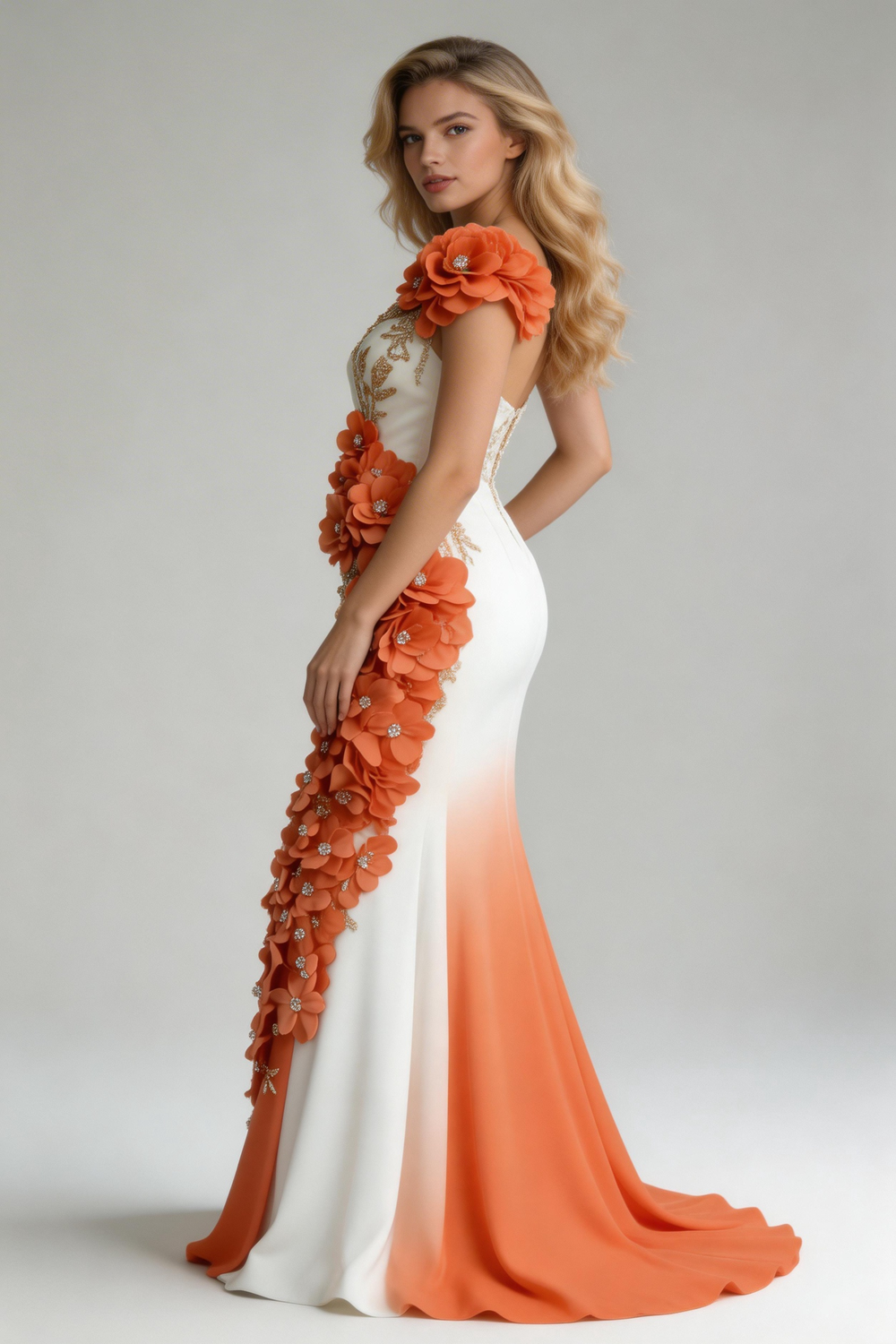 Abito da sera elegante a sirena in chiffon con applicazioni di peonie