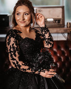 Classy Satin Black Long Ball Gown Wedding Dress With Sleeves
