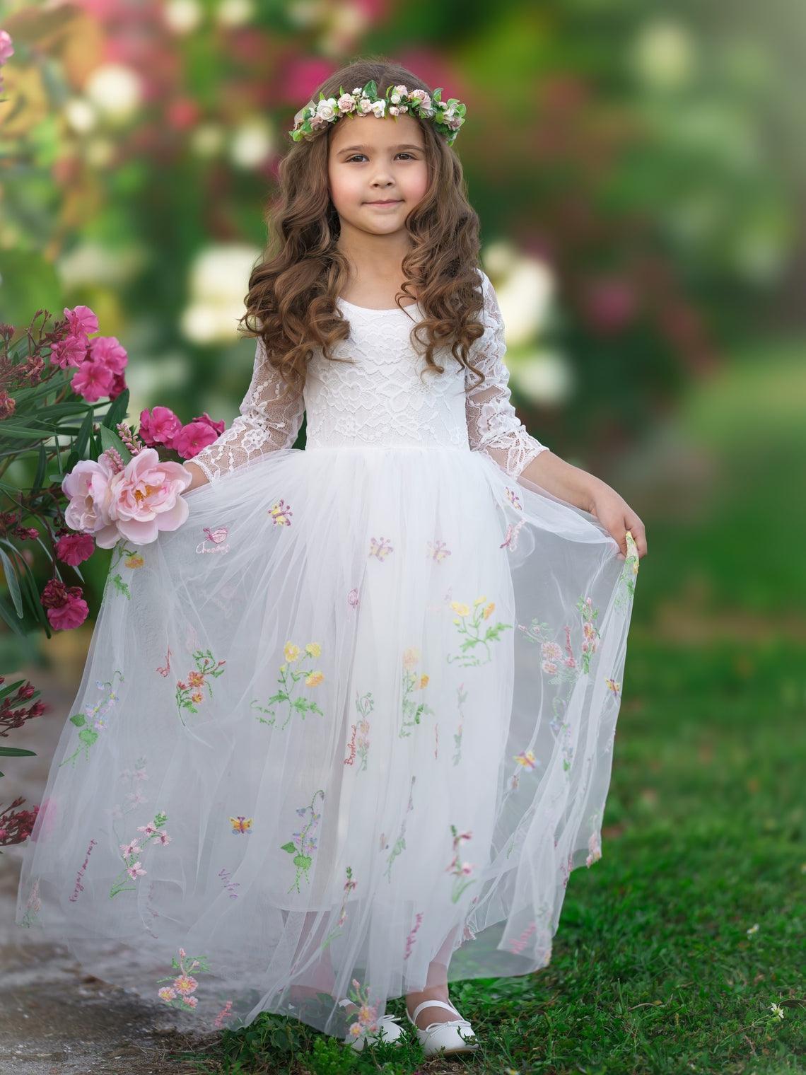 White Floral Lace Tulle Flower Girl Dress A Line Long Sleeve Floor Length - photo 1