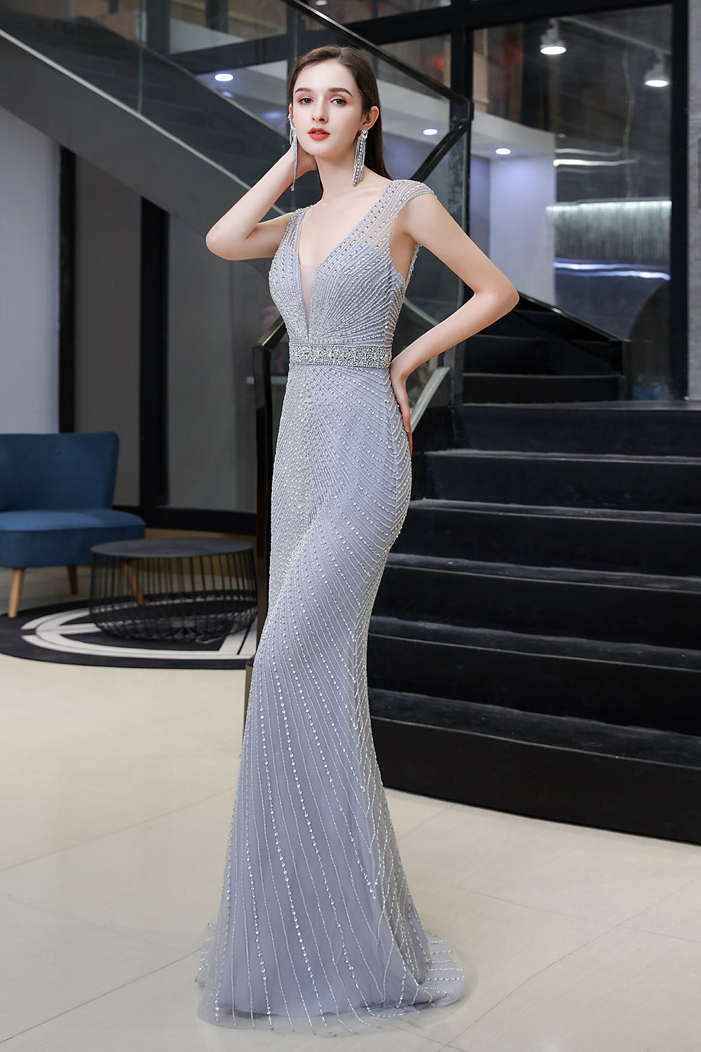 BMbridal Luxurious Beaded Mermaid Prom Dress Sleeveless V Neck Tulle Gown