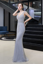 BMbridal Luxurious Beaded Mermaid Prom Dress Sleeveless V Neck Tulle Gown