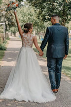 Tulle Bateau Sleeveless A Line Wedding Dress With Lace Overlay