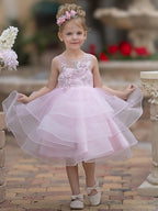 Pink Knee Length Flower Girl Tulle Dress With Scoop Neck And Floral Appliques