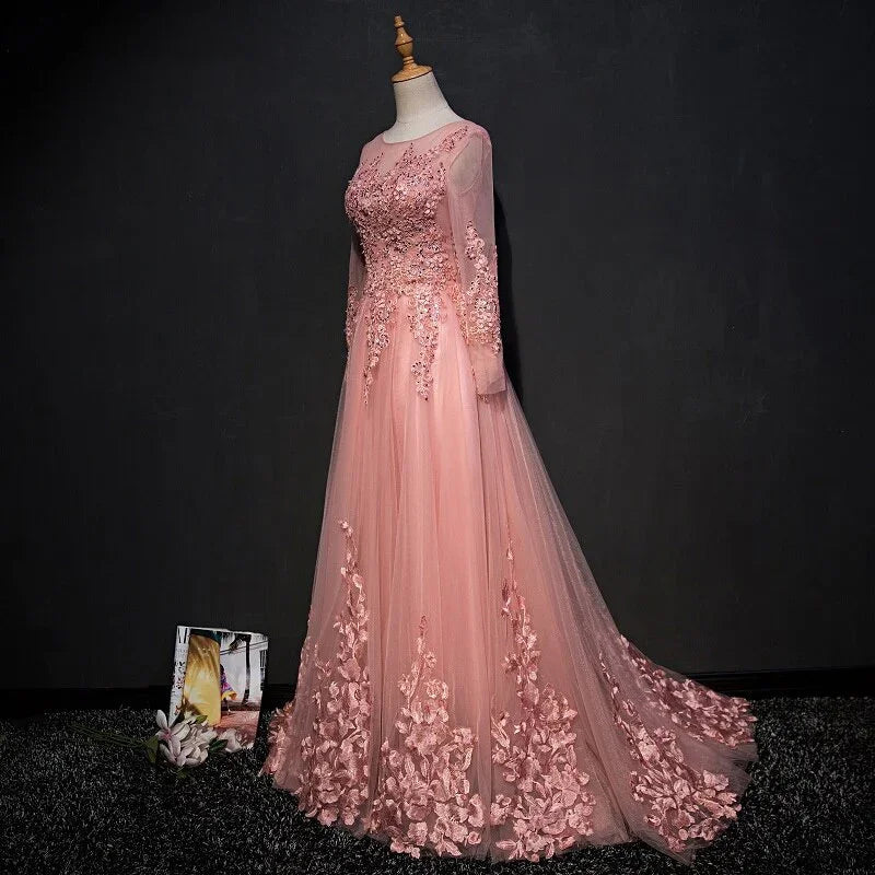 ABITO DA SERA ELEGANTE A LINEA A CON SCOLLATURA A U, LUNGO FINO AL PAVIMENTO, IN TULLE ROSA CON APPLICAZIONI, ABITO DA BALLO Y1177