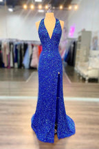 Vestidos compridos de cerimónia azul real com decote halter, vestidos compridos formais de noite azul real brilhante Y124