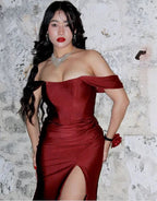 Elegante abito da sera color bordeaux con spacco a sirena, abito formale per ballo di fine anno Y8414