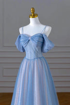 Abito lungo da sera blu con spalline sottili in tulle, bellissimo abito da ballo a linea ad A Y4592