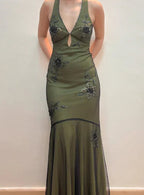 Vestido de noite vintage de cetim com alças, bordado com contas, estilo sereia, sexy, costas descobertas, verde, vestido de baile Y8228