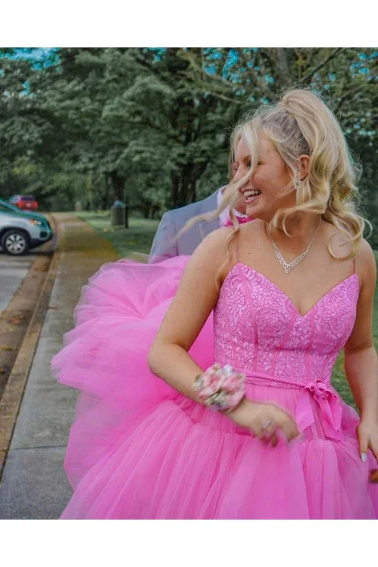 Vestido de baile formal alto e baixo em tule e renda Vestidos de noite formais Y59