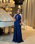Robe longue de bal sirène plissée à col halter bleue Y8475