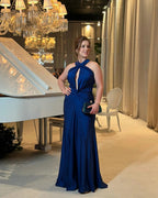 Robe longue de bal sirène plissée à col halter bleue Y8475