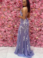 V Neck Mermaid Open Back Purple Lace Long Prom Dresses with High Slit, Mermaid Purple Formal Graduation Evening Dresses Y344